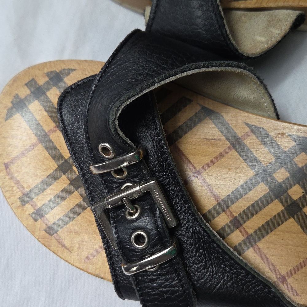 BURBERRY Limited Edition 2004 Wooden Sandals BLACK PLAID Leather Clog size 8 - Picture 5 of 13